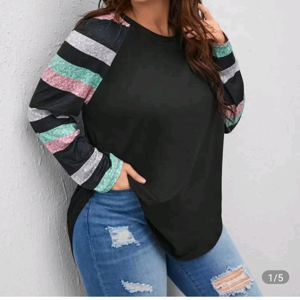SHEIN Curve Size1XL Black Top with Multicolor Striped Long Sleeves